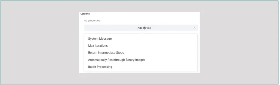 Опции узла AI Agent: System Message, Max Iterations, Return Intermediate Steps и другие