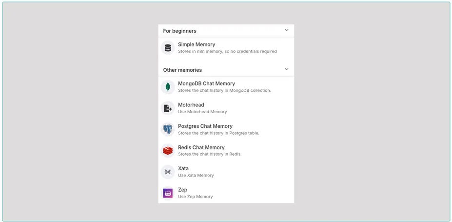 Варианты памяти для агента в n8n: Simple Memory для начала, Redis, Postgres, MongoDB и другие для продакшена